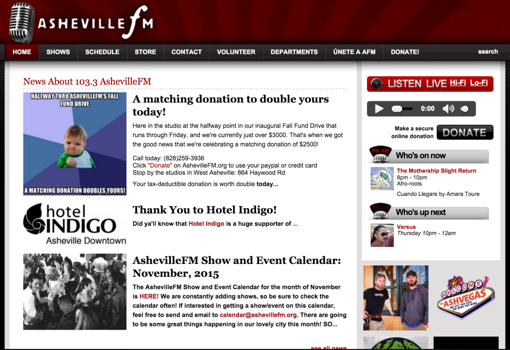 AshevilleFM.org Home Page Screenshot for Fall Fund Drive